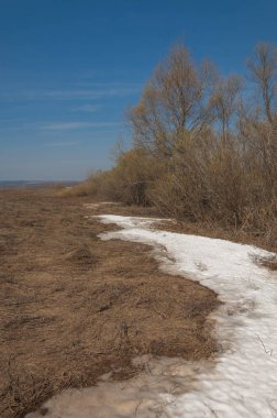 Bahar manzara. bahar alanında son kar. engebeli arazi. ağaçların yaprakları olmadan. ilk sıcak günleridir