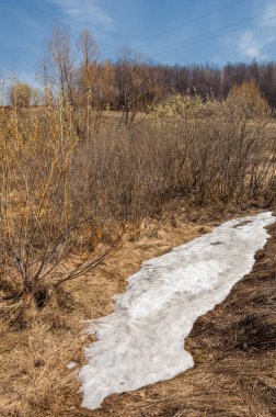 Bahar manzara. Taze sürülmüş alan. engebeli arazi. ağaçların yaprakları olmadan. Çok renkli bahar ağaçları. Geçen yılki kış kar kalan. Son kar.
