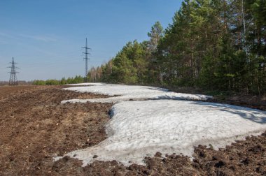 Bahar manzara. bahar alanında son kar. engebeli arazi. ağaçların yaprakları olmadan. ilk sıcak günleridir