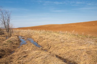 Bahar manzara. Taze sürülmüş alan. engebeli arazi. ağaçların yaprakları olmadan. Çok renkli bahar ağaçları. Geçen yılki kış kar kalan. Son kar.