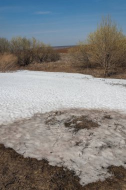 Bahar manzara. bahar alanında son kar. engebeli arazi. ağaçların yaprakları olmadan. ilk sıcak günleridir