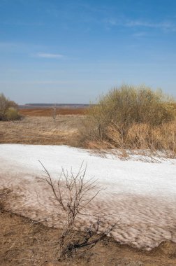 Bahar manzara. bahar alanında son kar. engebeli arazi. ağaçların yaprakları olmadan. ilk sıcak günleridir