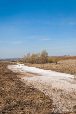 Bahar manzara. bahar alanında son kar. engebeli arazi. ağaçların yaprakları olmadan. ilk sıcak günleridir
