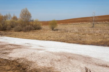 Bahar manzara. bahar alanında son kar. engebeli arazi. ağaçların yaprakları olmadan. ilk sıcak günleridir