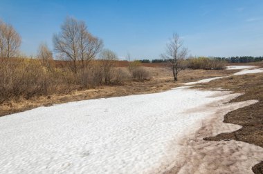 Bahar manzara. bahar alanında son kar. engebeli arazi. ağaçların yaprakları olmadan. ilk sıcak günleridir