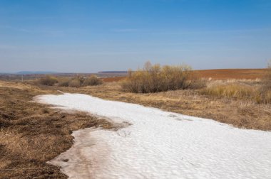 Bahar manzara. bahar alanında son kar. engebeli arazi. ağaçların yaprakları olmadan. ilk sıcak günleridir