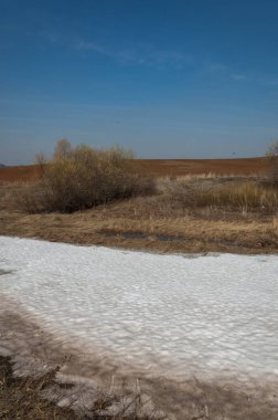 Bahar manzara. bahar alanında son kar. engebeli arazi. ağaçların yaprakları olmadan. ilk sıcak günleridir