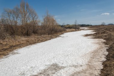 Bahar manzara. bahar alanında son kar. engebeli arazi. ağaçların yaprakları olmadan. ilk sıcak günleridir