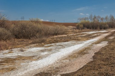 Bahar manzara. bahar alanında son kar. engebeli arazi. ağaçların yaprakları olmadan. ilk sıcak günleridir