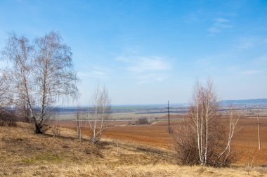 Bahar manzara. Taze sürülmüş alan. engebeli arazi. ağaçların yaprakları olmadan. Çok renkli bahar ağaçları. Geçen yılki kış kar kalan. Son kar.