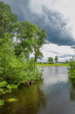 sel suları bastığında. bir sel sonucu olarak taşan su. Yüksek kaynak suyu. Baharın başlangıcı nehrinde güneşli bir günde. Bulutlar cennet. Bahar manzara. Bahar geliyor.