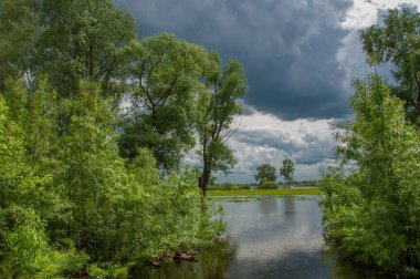 sel suları bastığında. bir sel sonucu olarak taşan su. Yüksek kaynak suyu. Baharın başlangıcı nehrinde güneşli bir günde. Bulutlar cennet. Bahar manzara. Bahar geliyor.