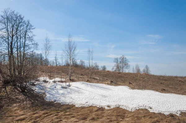 Lente Landschap Laatste Sneeuw Het Gebied Van Lente Heuvelachtig Terrein — Stockfoto