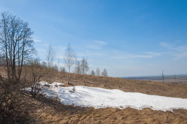 Bahar manzara. bahar alanında son kar. engebeli arazi. ağaçların yaprakları olmadan. ilk sıcak günleridir