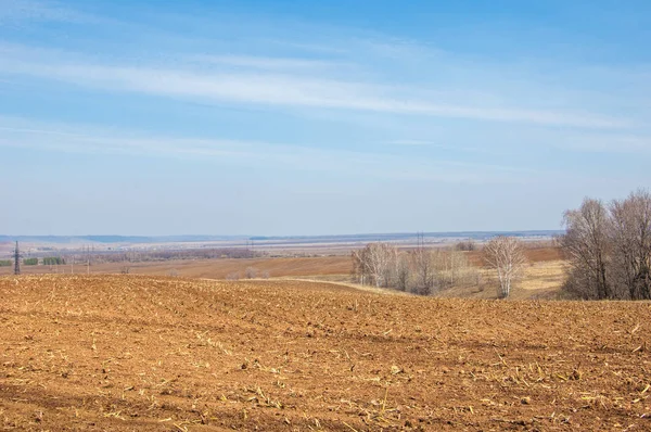 Bahar manzara. Taze sürülmüş alan. engebeli arazi. ağaçların yaprakları olmadan. Çok renkli bahar ağaçları. Geçen yılki kış kar kalan. Son kar.