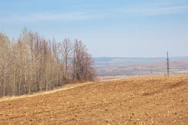 Bahar manzara. Taze sürülmüş alan. engebeli arazi. ağaçların yaprakları olmadan. Çok renkli bahar ağaçları. Geçen yılki kış kar kalan. Son kar.