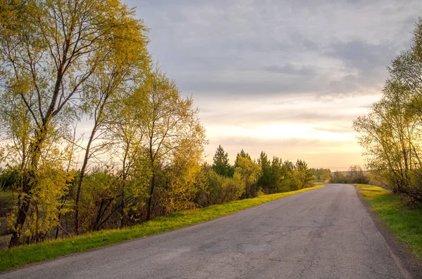 Bahar peyzaj, gündoğumu gündoğumu. Köy yolunda, bir yol ile kırsal manzara.
