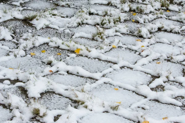 Textur Hintergrund Muster Der Erste Schnee Auf Dem Bürgersteig Ende — Stockfoto