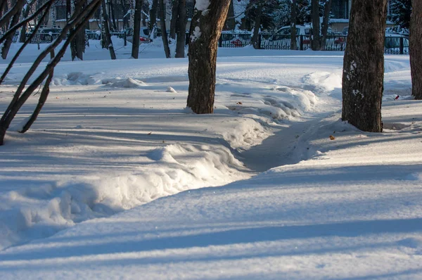 Textur Hintergrund Muster Fußabdrücke Schnee Der Frost Ist Sehr Kalt — Stockfoto