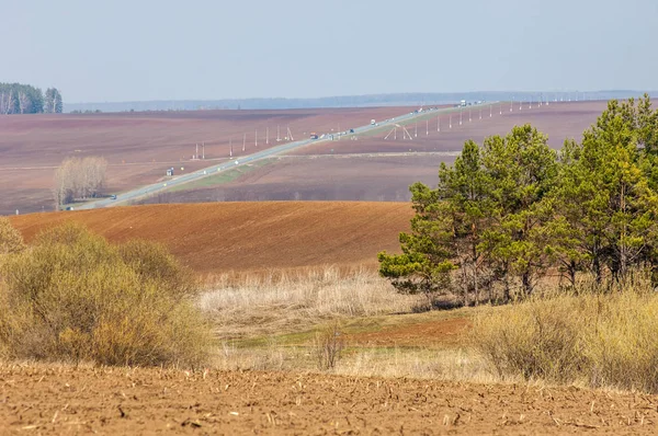 Bahar manzara. Taze sürülmüş alan. engebeli arazi. ağaçların yaprakları olmadan. Çok renkli bahar ağaçları. Geçen yılki kış kar kalan. Son kar.