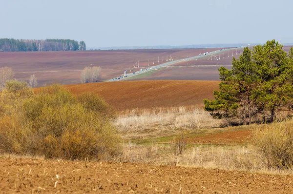 Bahar manzara. Taze sürülmüş alan. engebeli arazi. ağaçların yaprakları olmadan. Çok renkli bahar ağaçları. Geçen yılki kış kar kalan. Son kar.