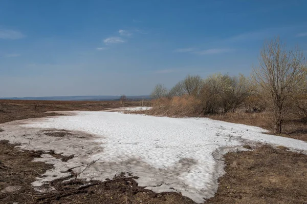 Bahar manzara. bahar alanında son kar. engebeli arazi. ağaçların yaprakları olmadan. ilk sıcak günleridir