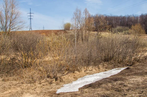 Bahar manzara. Taze sürülmüş alan. engebeli arazi. ağaçların yaprakları olmadan. Çok renkli bahar ağaçları. Geçen yılki kış kar kalan. Son kar.