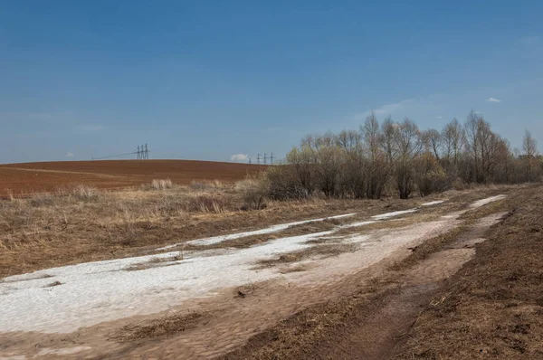 Paisaje Primavera Última Nieve Campo Primavera Terreno Montañoso Árboles Sin — Foto de Stock