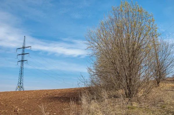 Bahar manzara. enerji sütun bahar alan üzerine. engebeli arazi. ağaçların yaprakları olmadan. . Son kar.