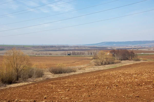 Bahar manzara. Taze sürülmüş alan. engebeli arazi. ağaçların yaprakları olmadan. Çok renkli bahar ağaçları. Geçen yılki kış kar kalan. Son kar.