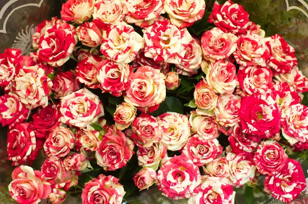 A portrait of flowers roses in a bouquet. Bouquet of roses, different colors, top view, portrait image.