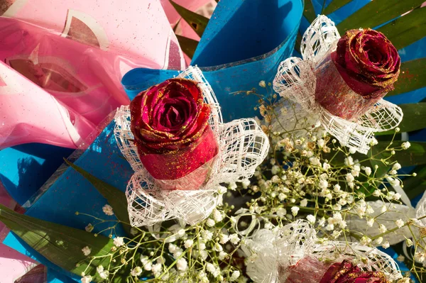 Retrato Rosas Flores Buquê Buquê Rosas Cores Diferentes Vista Superior — Fotografia de Stock