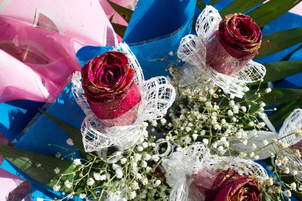 Retrato Rosas Flores Buquê Buquê Rosas Cores Diferentes Vista Superior — Fotografia de Stock