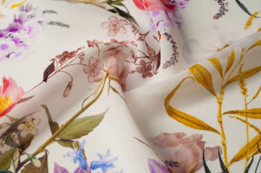 Doku, arka plan, desen. İpek kumaş. Doku pembe ve sarı çiçekler suluboya tekniği ile. Gül, papatya ve Mimoza ile duvar kağıtları. Tebrik kartı. İpek eşarp, şal. Tatil.