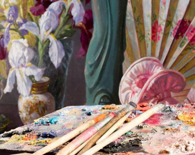 Doku, arka plan. arka plan. resim yağlarda boyalı. Şövale sanatçı içinde belgili tanımlık geçmiş tamamlamak resmi