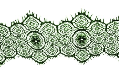 doku, arka plan, desen. dantel kumaş. yeşil. İşlemeli çiçekler açar her iki kenarları boyunca sınırında çarpıcı, süre düzensiz büyür saf tül ortasından.