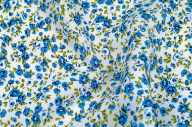 Arka plan doku, desen. küçük mavi çiçekler ile ince pamuklu kumaş. Kumaş zeytin yeşil çiçek sapları ve küçük mavi - aqua çiçek karışımı olan beyaz bir arka plana sahiptir. 