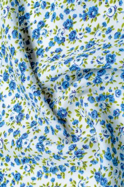 Arka plan doku, desen. küçük mavi çiçekler ile ince pamuklu kumaş. Kumaş zeytin yeşil çiçek sapları ve küçük mavi - aqua çiçek karışımı olan beyaz bir arka plana sahiptir. 