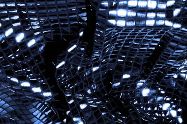 doku, arka plan, desen. Kumaş ile mavi renk büyük parıldıyor. Bu tek tük parıldıyor ile bazı tarzı göstermek! Polyester örgü yüzey üzerinde dağınık, mavi ve beyaz pullu vardır,