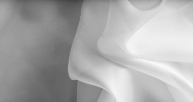 Doku, arka plan, desen. İpek kumaş şeffaf, beyaz renkte. Soyut yumuşak şifon doku arka plan. Eğri ve dalga ile yumuşak beyaz şifon