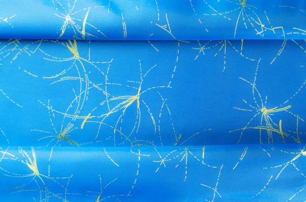 Textura Fundo Padrão Tecido Seda Azul Com Padrão Ouro Criado — Fotografia de Stock