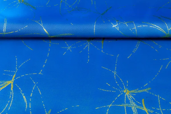 Textura Pozadí Vzor Látka Modrá Hedvábí Zlatým Vzorem Vytvořeno Renesančním — Stock fotografie
