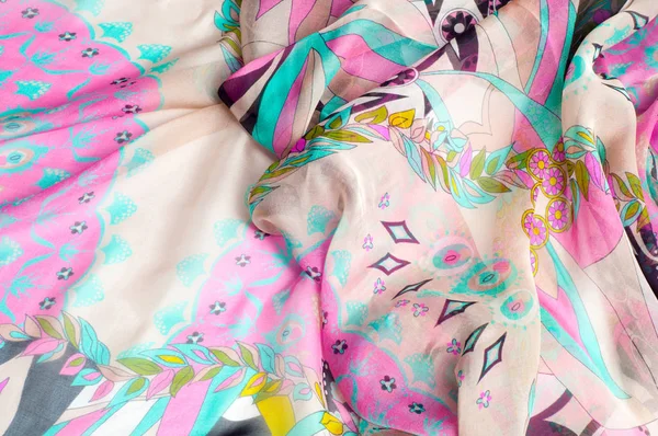 Kumaş ipek doku kahverengi, mavi, beyaz ve sarı. Fotoğraf stüdyosu