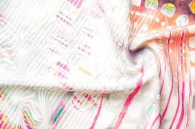 Doku arka plan görüntüsü, soyut desenli ipek kumaş. Renkli ipek kumaş yakın çekim. Filtre uygulanmış tonlu görüntü instagram tarzı. Fotoğraf ipek kumaş. Tekstil tasarımı. Kumaş boyama, boyama batik ipek