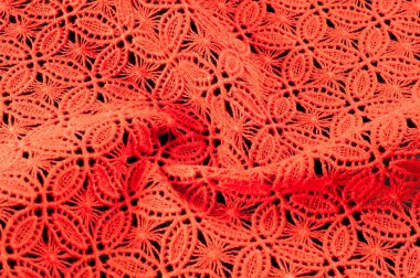 Görüntü doku arka plan, tasarım ve dantel dokuma yün doku detay. Kırmızı kumaş arka plan. Dekoratif dantel desen ile. Kırmızı dantel kumaş stüdyoda çekilmiş fotoğrafı dokusuna
