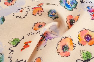 Doku, arka plan, desen. Kumaş ipek bej arka plan. Kumaş üzerine çiçek kırmızı mavi boyalı