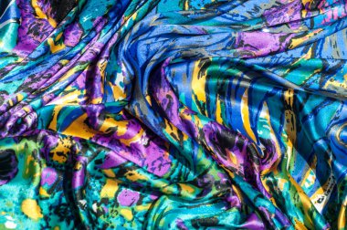 Doku, kumaş, arka plan. Kadın eşarp. İpek kumaş mavi, çiçek kalıptır. Soyutlama