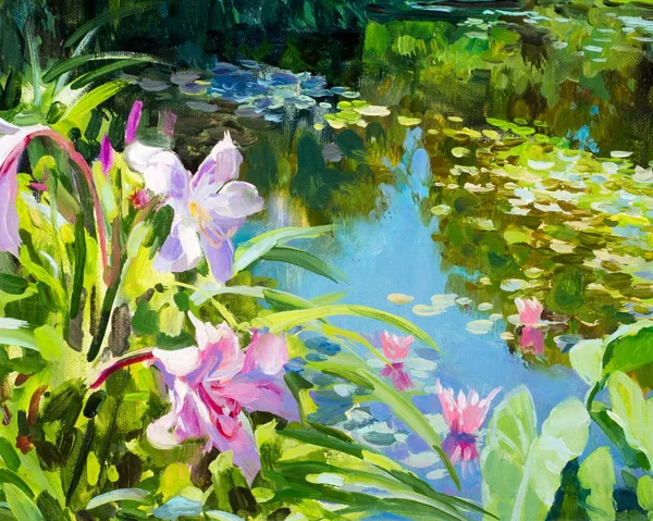 Texture, pattern, background. picture is drawn with oil paint.  Lake in the summer park, trees reflected in the water lilies grow on the lake