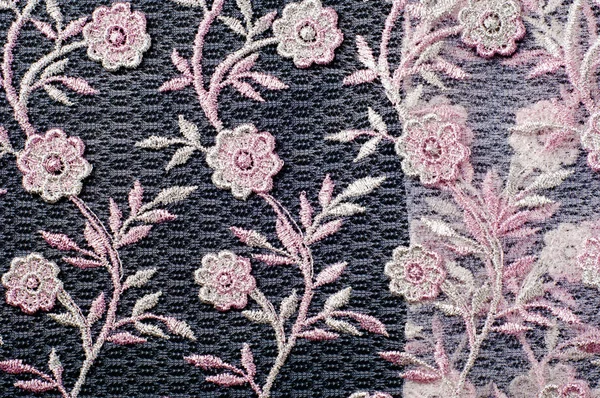 Textúra Háttér Minta Rózsaszín Csipke Díszített Virágok Fekete Háttér Csipke — Stock Fotó