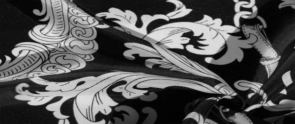 Texture, sfondo, tessuto di seta nero con motivo monogram E — Foto Stock